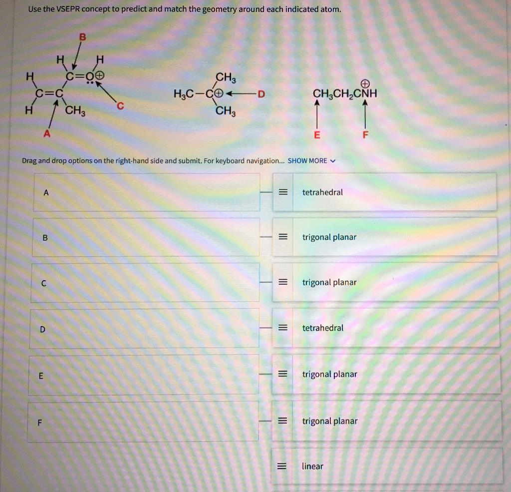 Use the VSEPR concept to predict and match the geometry around each indicated atom.
H
CH3
C=C
H3C-CO
CH?CH, ?NH
-D
H
CH3
CH3
