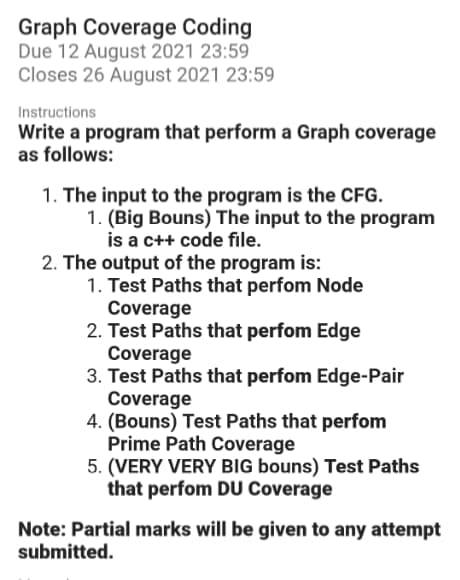 Solved Graph Coverage Coding Due 12 August 2021 23:59 Closes | Chegg.com