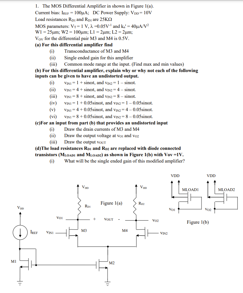 Solved 1. The MOS Differential Amplifier in shown in Figure | Chegg.com