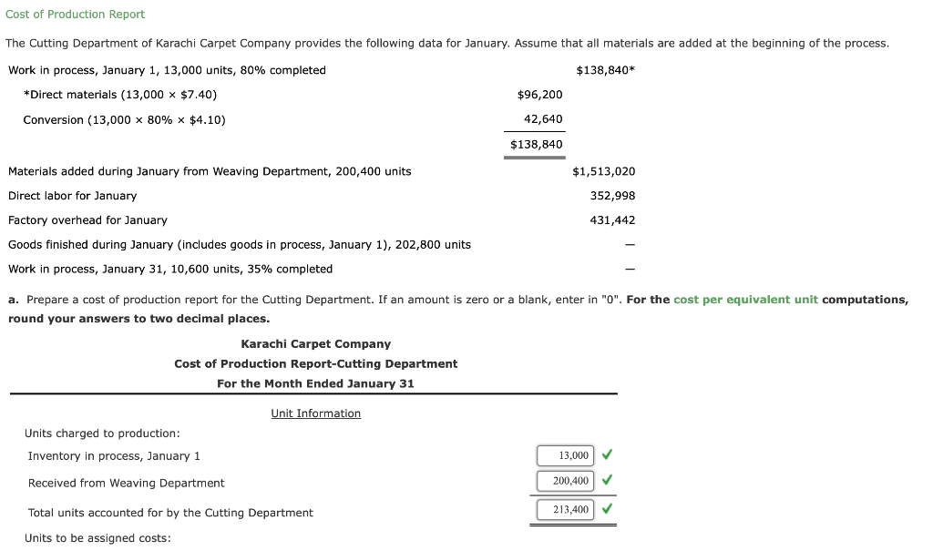 Solved Cost of Production Report a. Prepare a cost of
