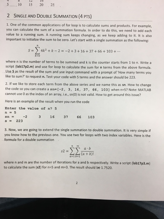 Solved 10 15 20 25 2 SINGLE AND DOUBLE SUMMATION (4 PTS) 1. | Chegg.com