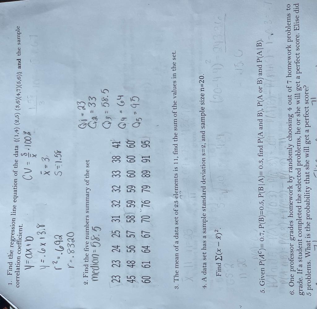 Solved 1. Find the regression line equation of the data | Chegg.com