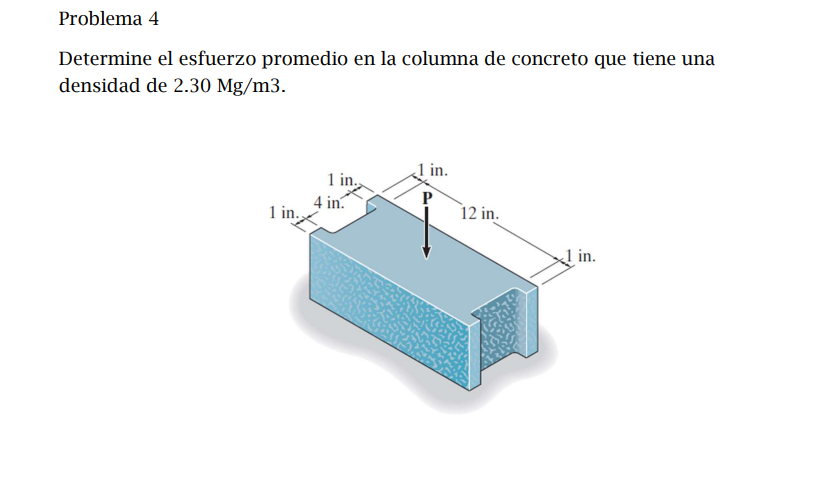 Determine el esfuerzo promedio en la columna de concreto que tiene una densidad de \( 2.30 \mathrm{Mg} / \mathrm{m} 3 \).