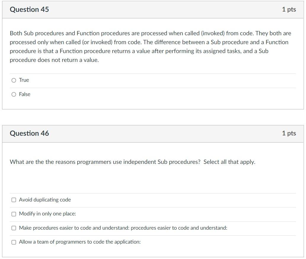 Solved Both Sub procedures and Function procedures are | Chegg.com