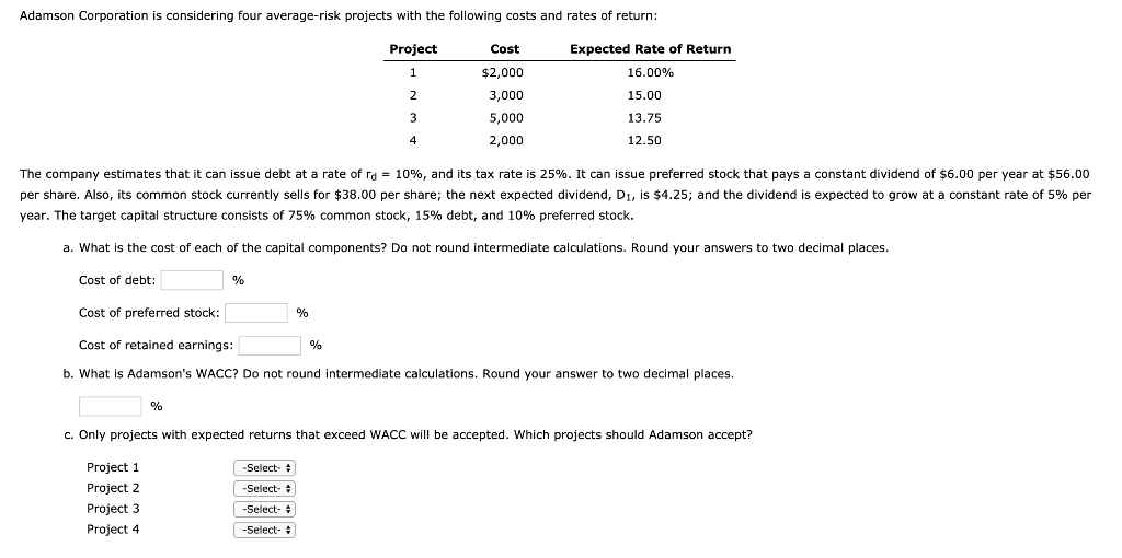 Solved Adamson Corporation Is Considering Four Average-risk 