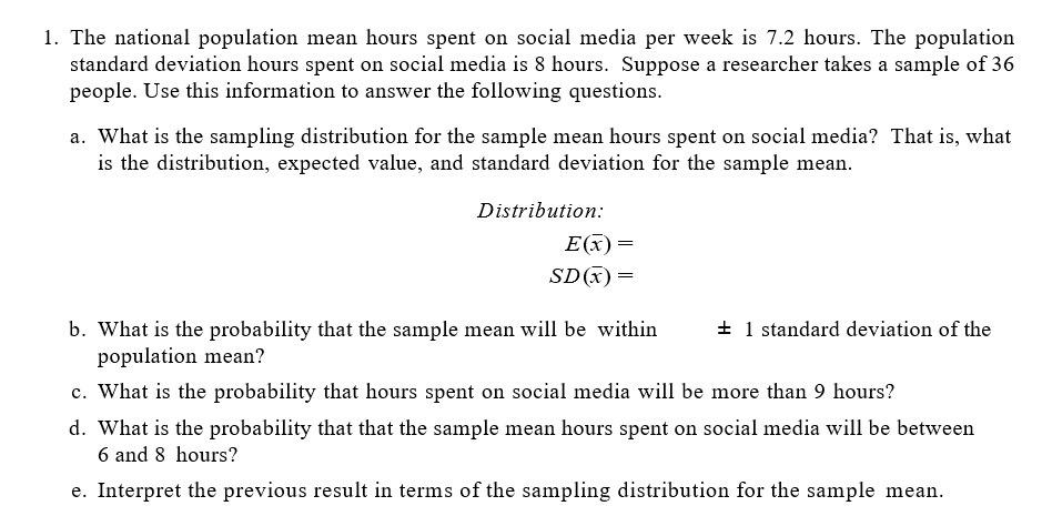Solved The national population mean hours spent on social | Chegg.com