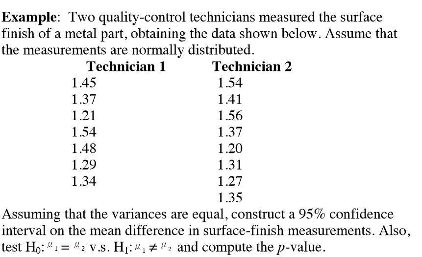 Example Two Quality Control Technicians Measured The Chegg 