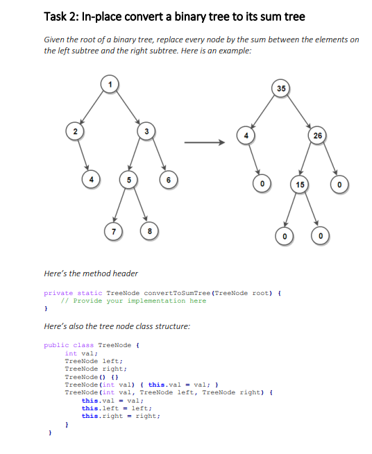 Solved Task 2: In-place convert a binary tree to its sum | Chegg.com