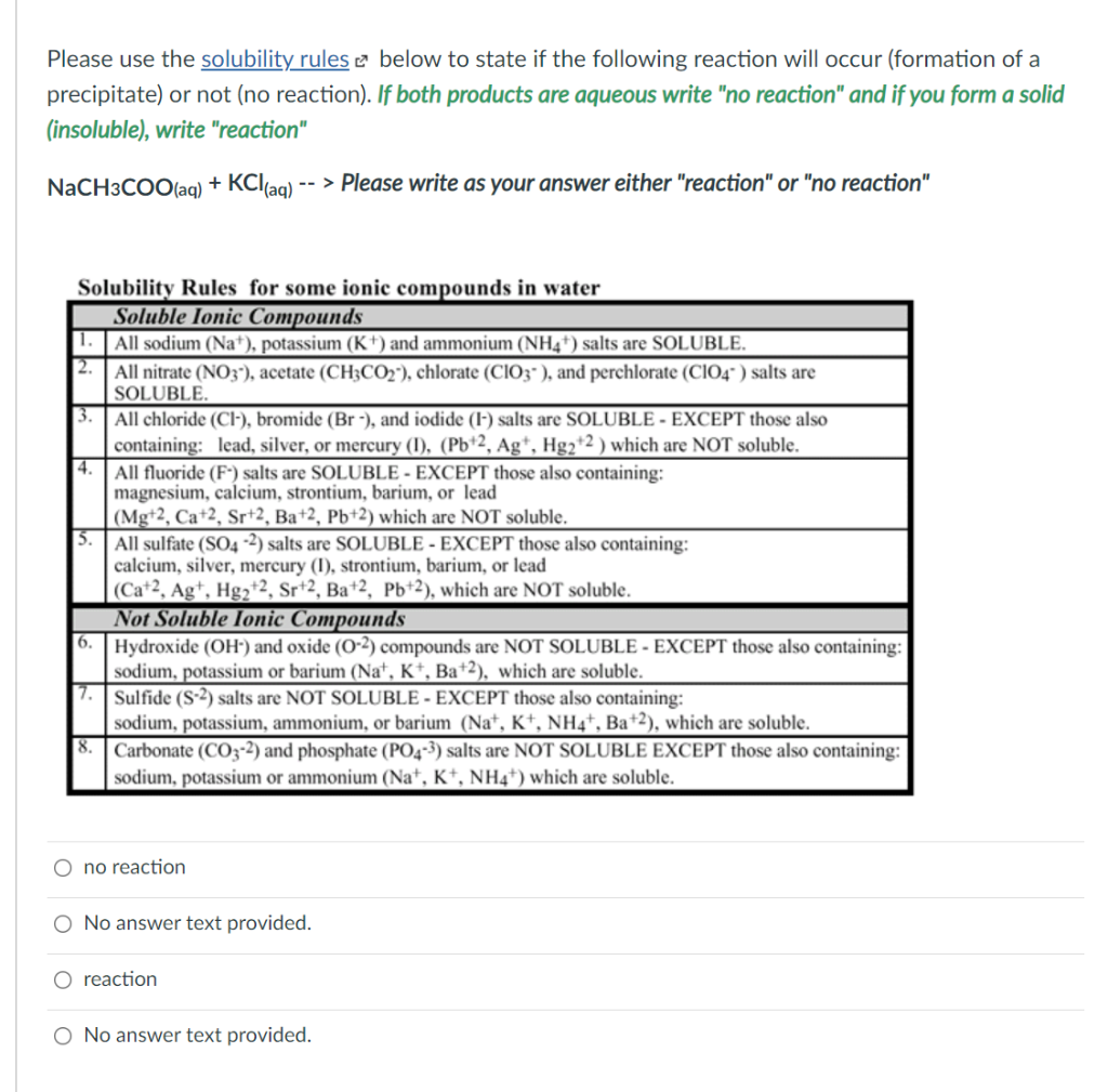 Solved Please use the solubility rules e below to state if | Chegg.com
