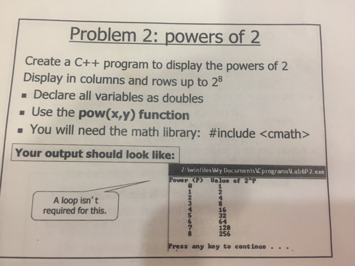 Solved Problem 2: powers of 2 Create a C++ program to | Chegg.com
