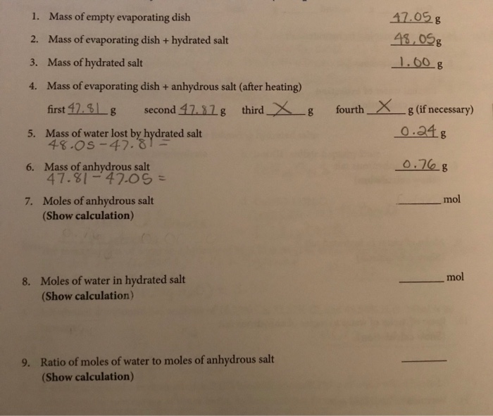 Mass of empty evaporating dish Mass of evaporating