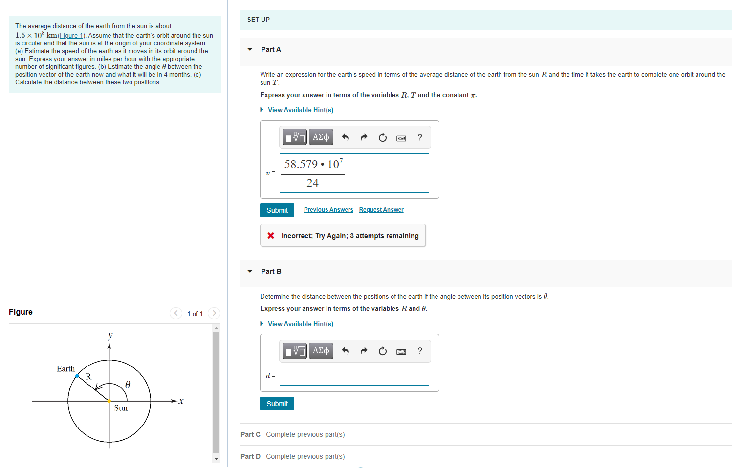 Solved SET UP Part A The average distance of the earth from | Chegg.com