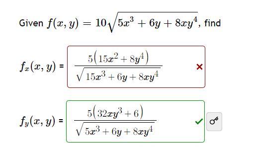 Given \( f(x, y)=10 \sqrt{5 x^{3}+6 y+8 x y^{4}} \), fir \[ f_{x}(x, y)=\frac{5\left(15 x^{2}+8 y^{4}\right)}{\sqrt{15 x^{3}+