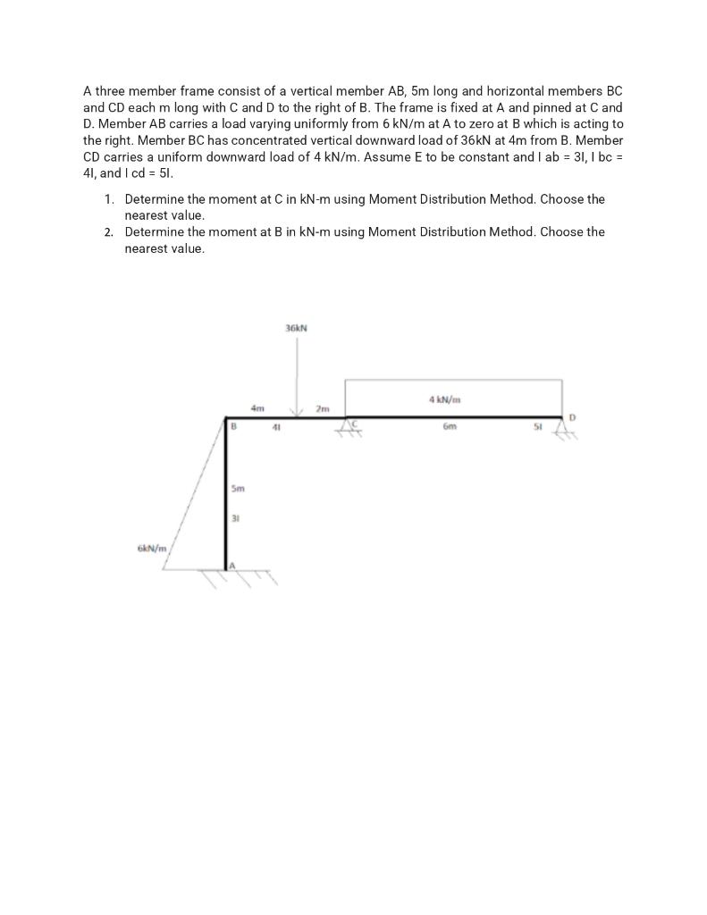 Solved A three member frame consist of a vertical member AB,