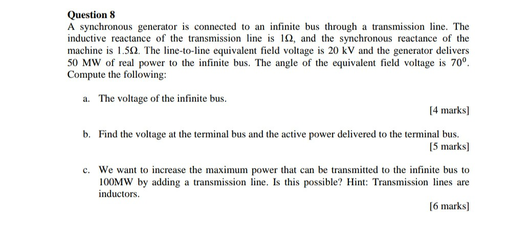 Solved Question 8 A synchronous generator is connected to an | Chegg.com