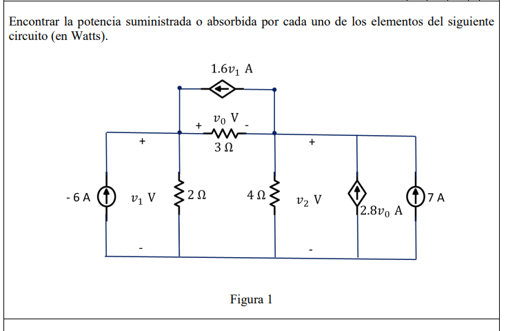 Encontrar la potencia suministrada o absorbida por cada uno de los elementos del siguiente circuito (en Watts). 1.6V, A Vo V