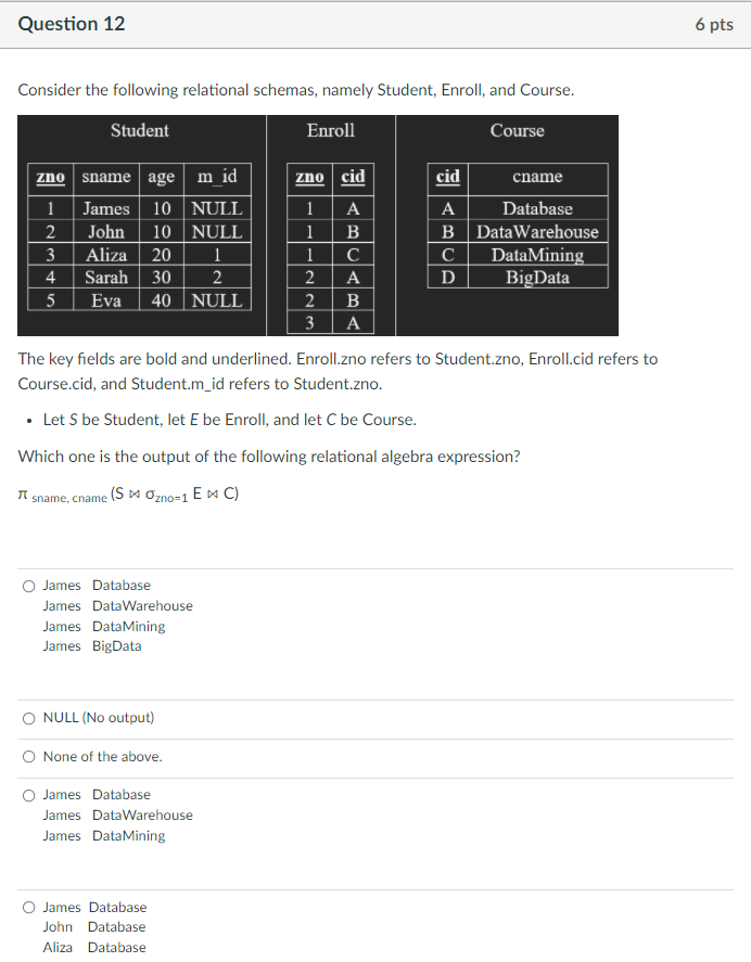 Solved Question 11 4 pts Consider the following SQL | Chegg.com