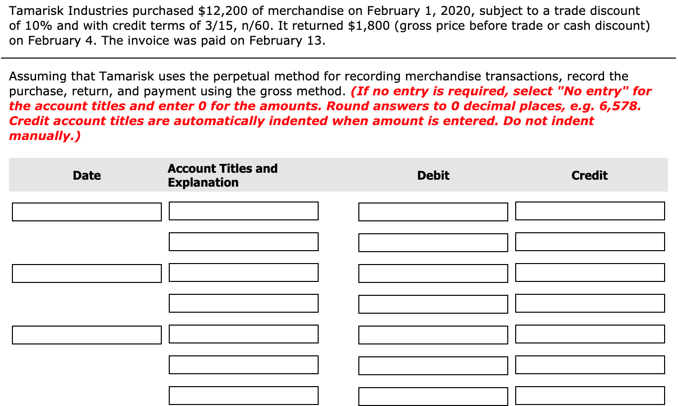 Solved Tamarisk Industries purchased 12,200 of merchandise