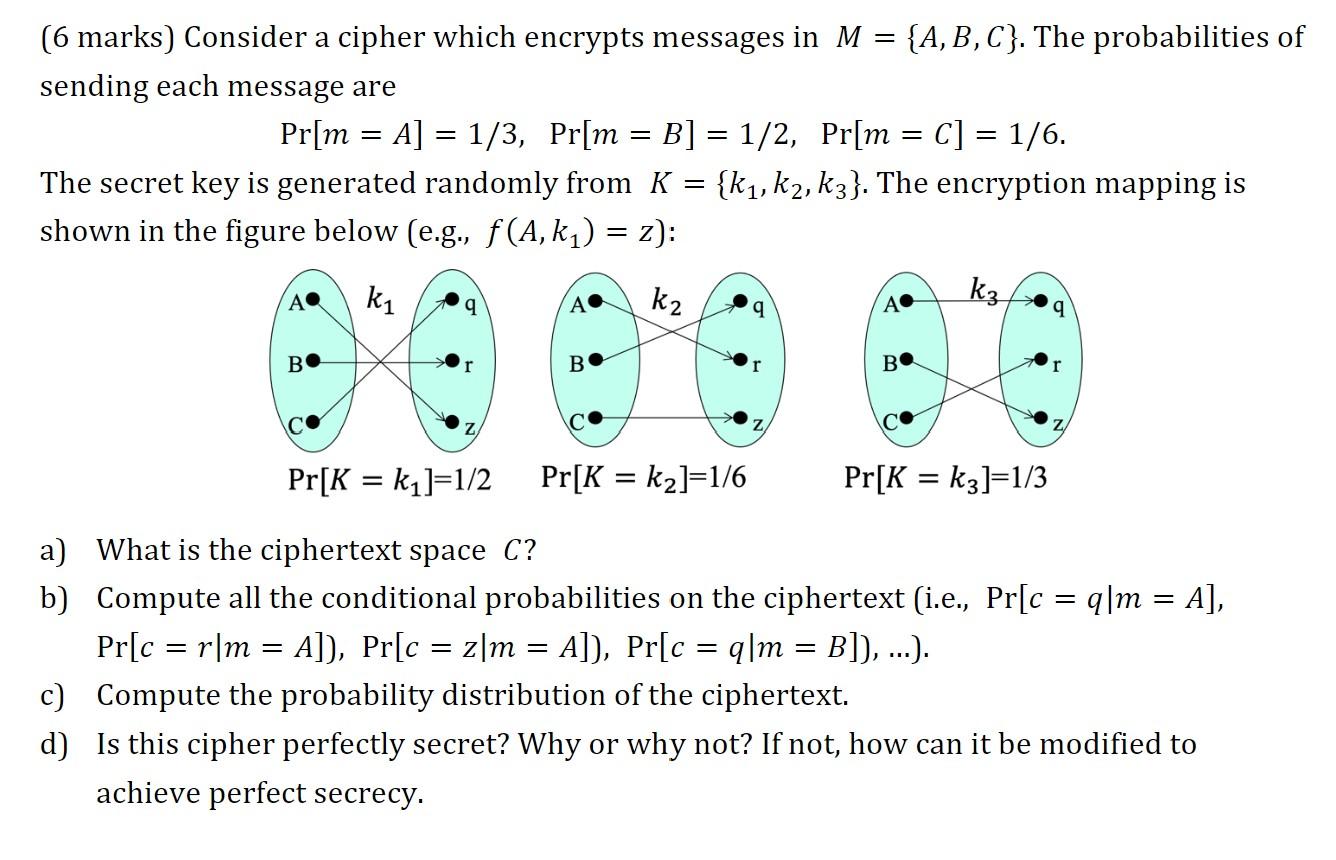 Solved (6 marks) Consider a cipher which encrypts messages | Chegg.com