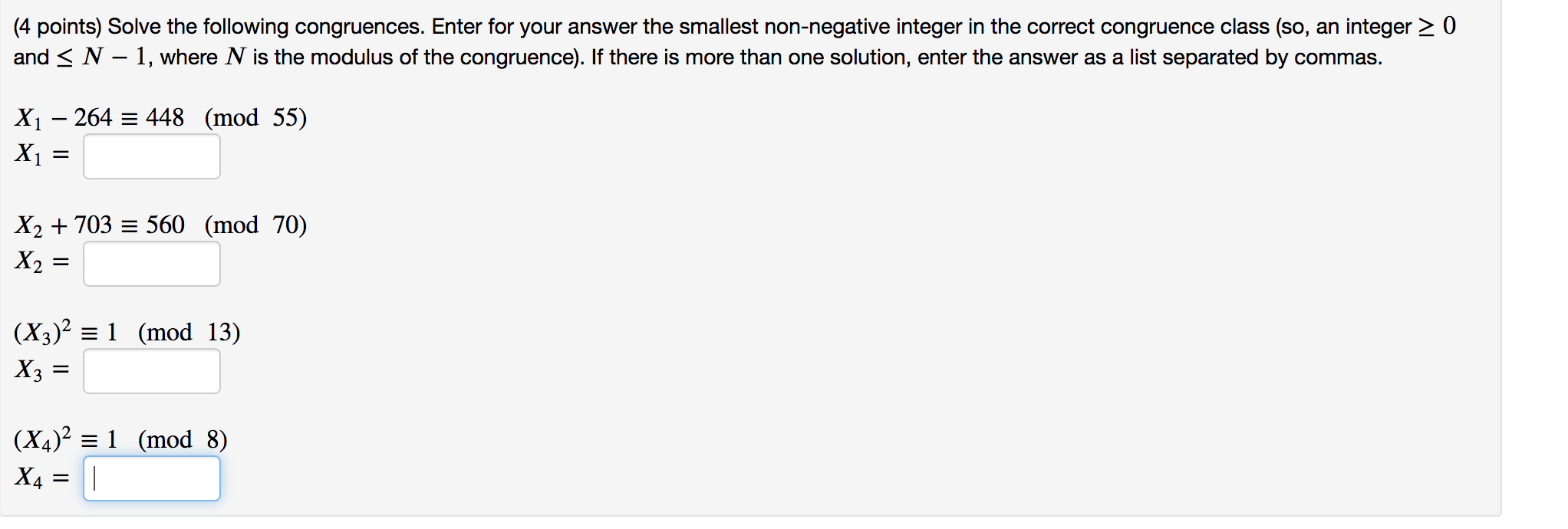 Solved (4 points) Solve the following congruences. Enter for