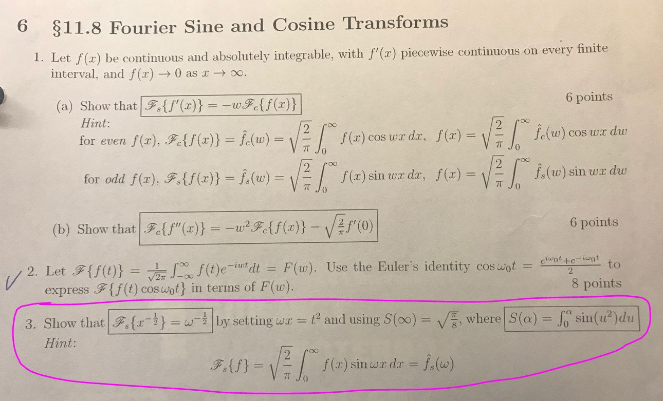 Solved 6 $11.8 Fourier Sine and Cosine Transforms 1. Let | Chegg.com