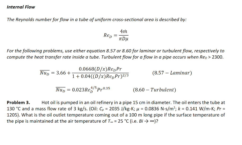 Solved Internal Flow The Reynolds Number For Flow In A Tube 