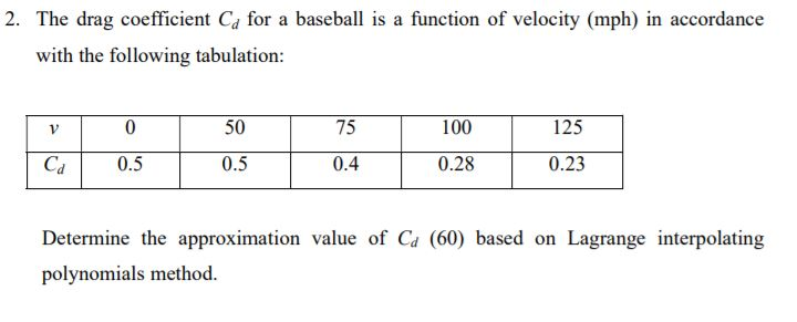 Solved 2. The drag coefficient Ca for a baseball is a | Chegg.com