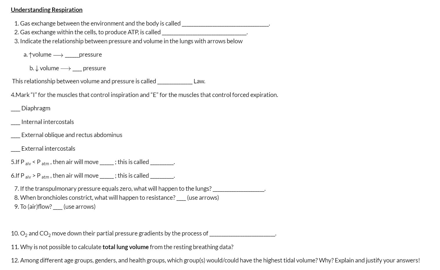 Solved Understanding Respiration 1. Gas Exchange Between The | Chegg.com