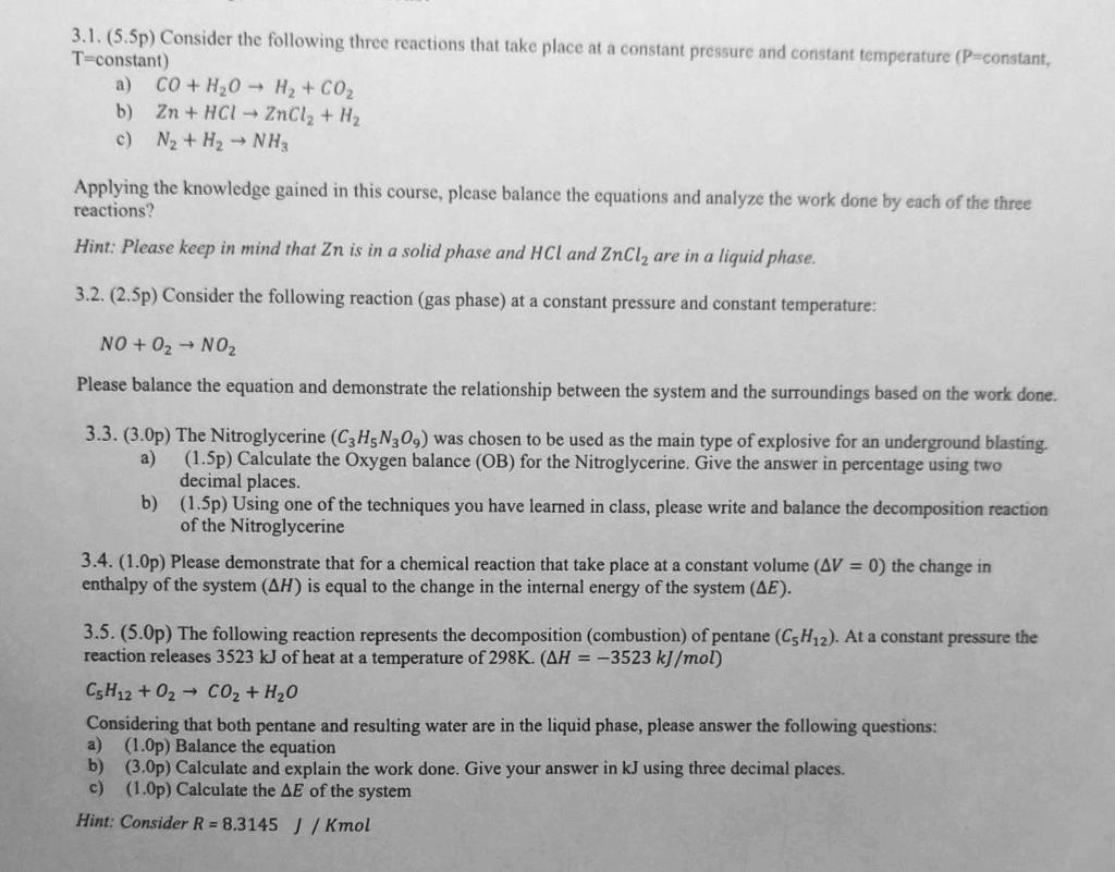 Solved 3.1. (5.5p) Consider the following three reactions | Chegg.com