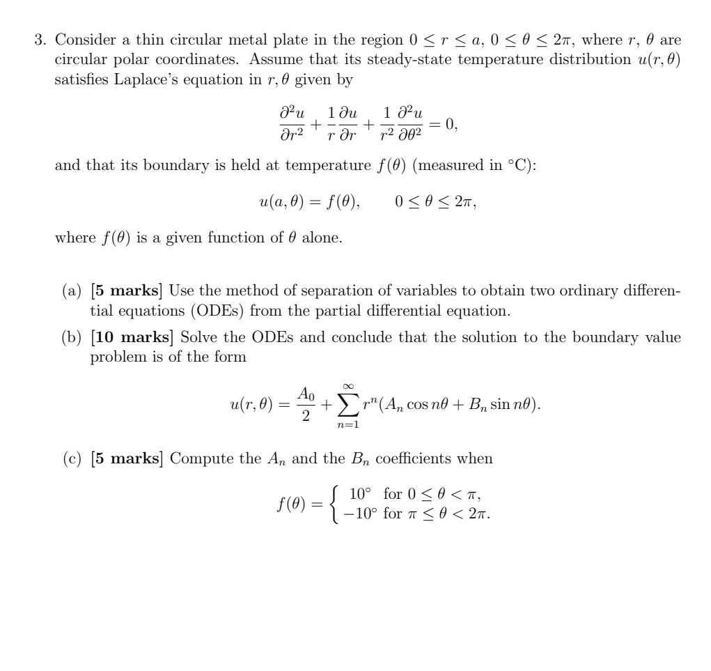 Solved 3. Consider a thin circular metal plate in the region | Chegg.com