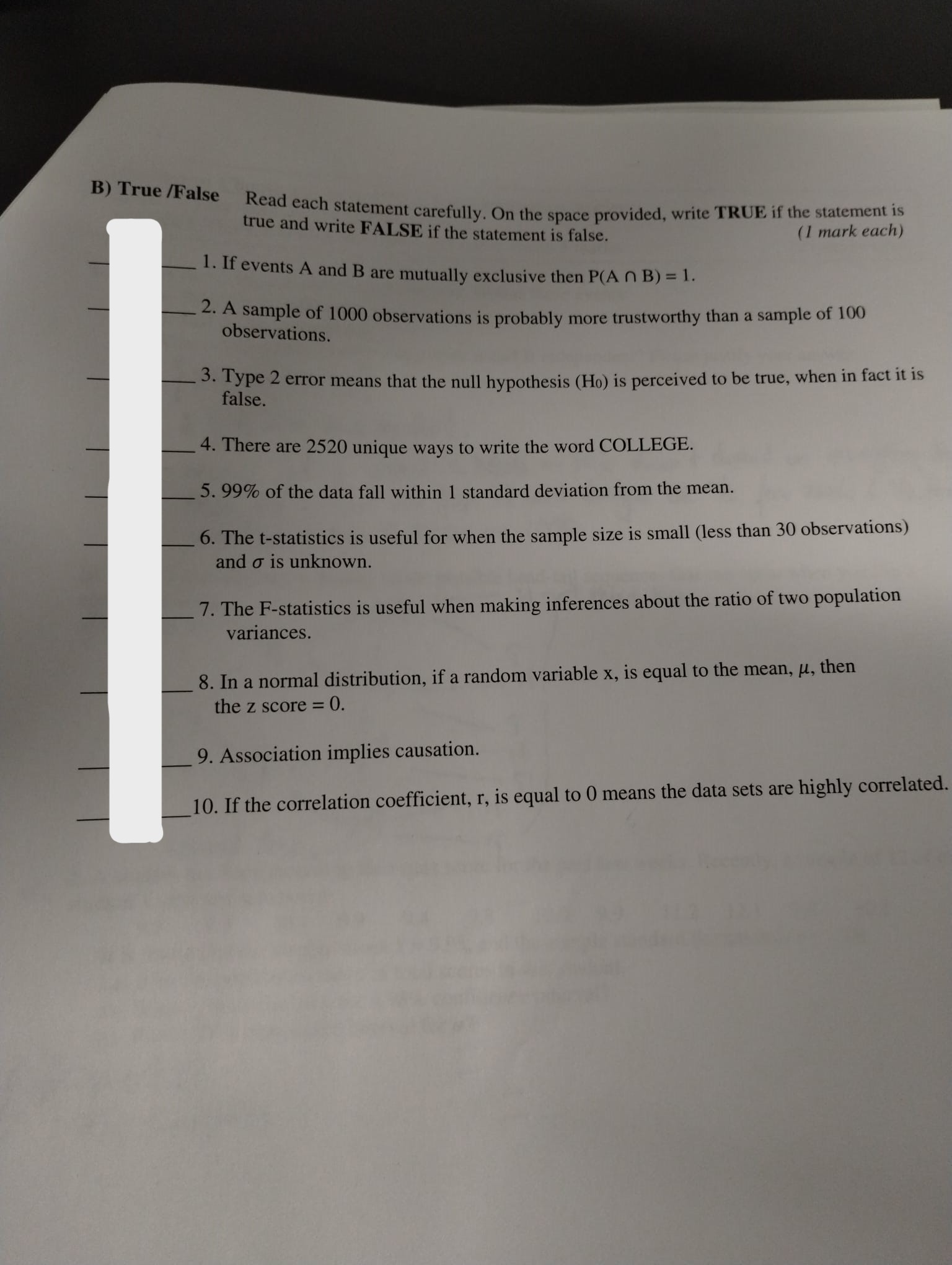 Solved rue /False Read each statement carefully. On the | Chegg.com