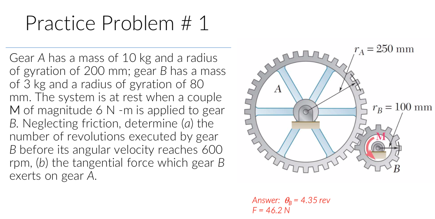 Solved Practice Problem #1 Ra = 250 Mm = 100 Mm Gear A Has A | Chegg.com