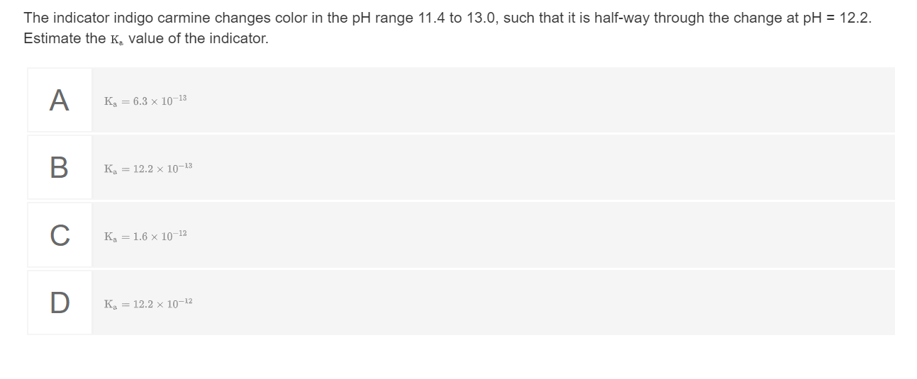 Solved The indicator indigo carmine changes color in the pH | Chegg.com