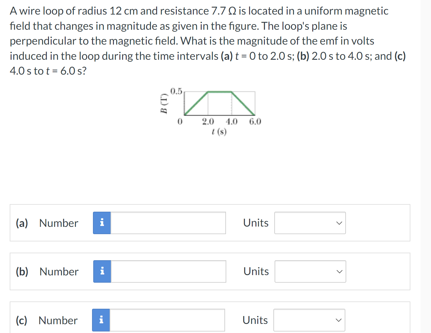 A wire loop of radius \( 12 \mathrm{~cm} \) and resistance \( 7.7 \Omega \) is located in a uniform magnetic field that chang