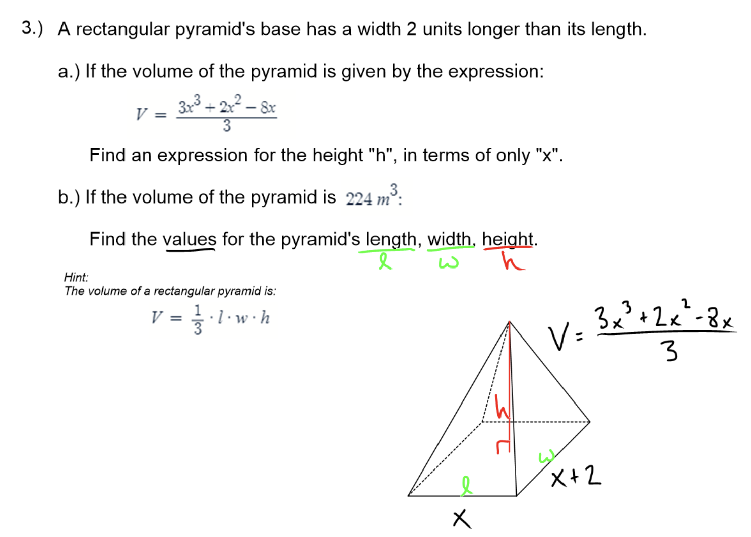 Solved 3.) A rectangular pyramid's base has a width 2 | Chegg.com