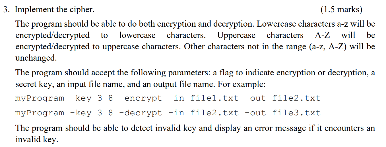 Solved 3. Implement the cipher. (1.5 marks) The program | Chegg.com