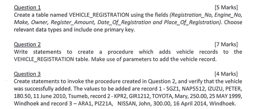 Solved Question 1 [5 Marks] Create a table named | Chegg.com