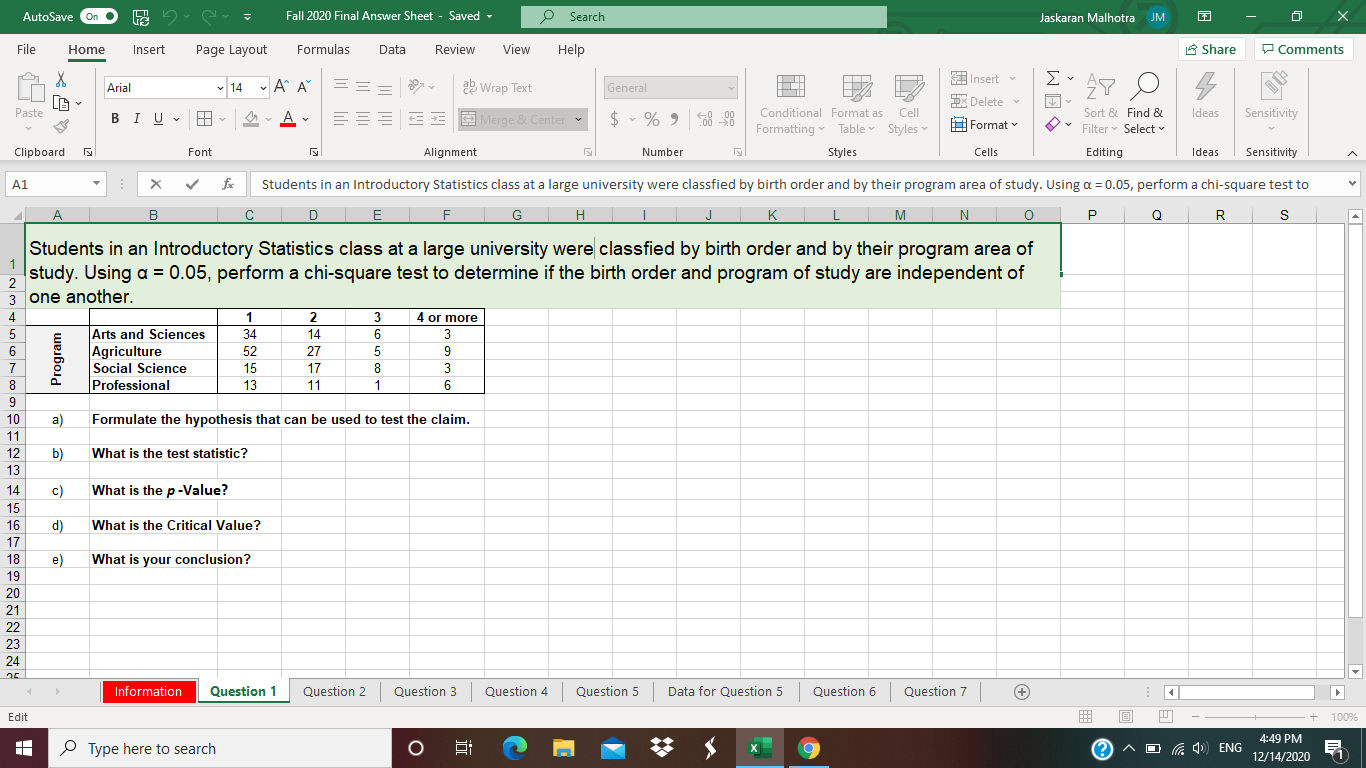 Solved AutoSave On Fave Fall 2020 Final Answer Sheet - Saved | Chegg.com