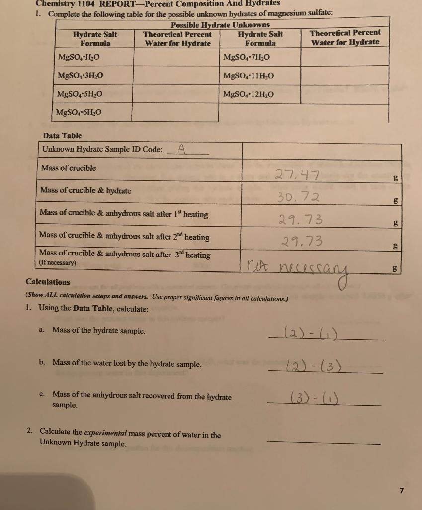 Chemistry 1104 Experiment Percent Position And Chegg 