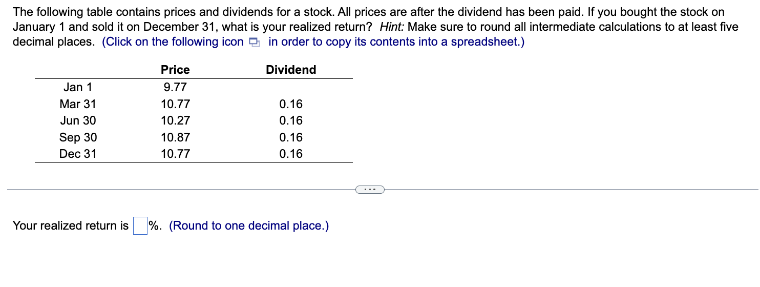 Solved The following table contains prices and dividends for | Chegg.com