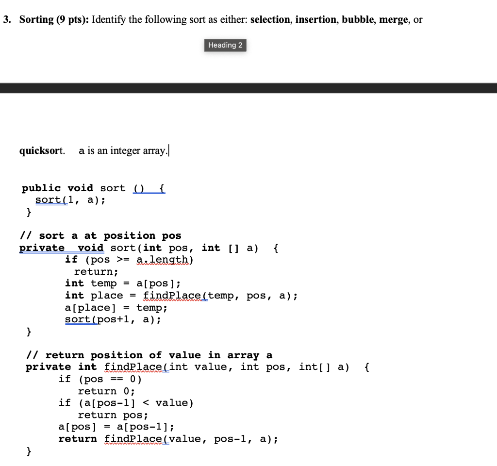 Solved 3. Sorting (9 pts): Identify the following sort as | Chegg.com
