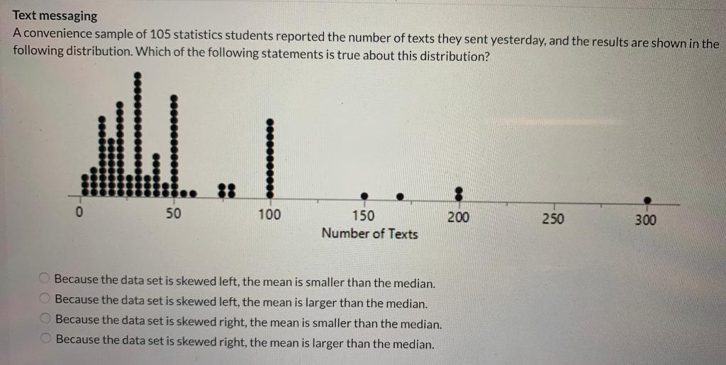 Solved Text messaging A convenience sample of 105 statistics | Chegg.com