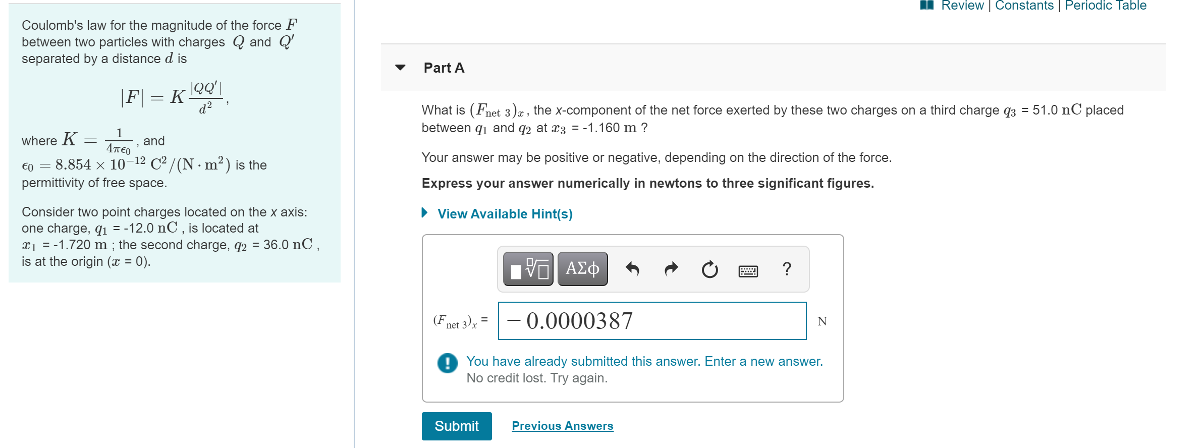 Solved Review Constants Periodic Table Coulomb's Law For The | Chegg.com