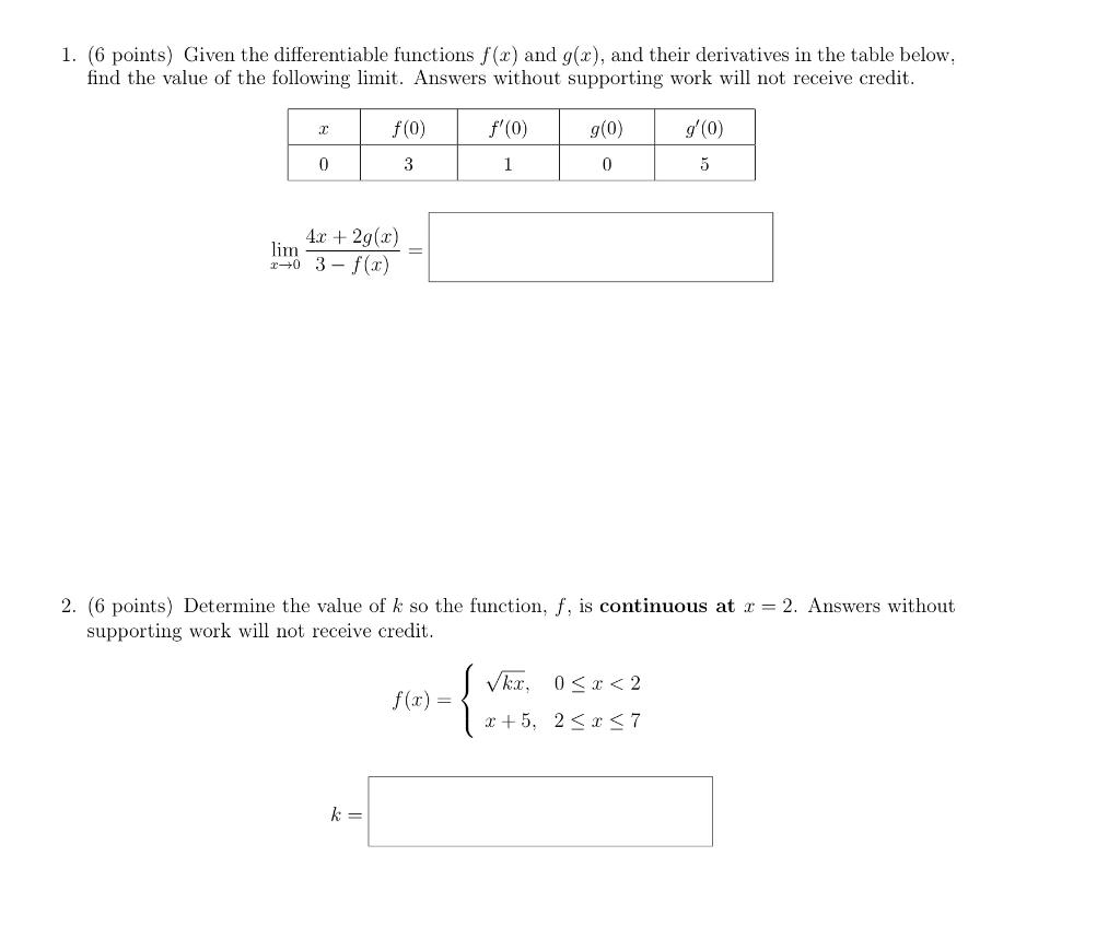 Solved 1. (6 points) Given the differentiable functions f(x) | Chegg.com