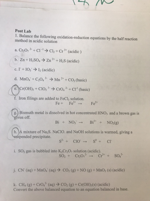 Solved Post Lab 1. Balance the following oxidation-reduction | Chegg.com