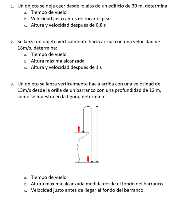 1. Un objeto se deja caer desde lo alto de un edificio de \( 30 \mathrm{~m} \), determina: a. Tiempo de vuelo b. Velocidad ju