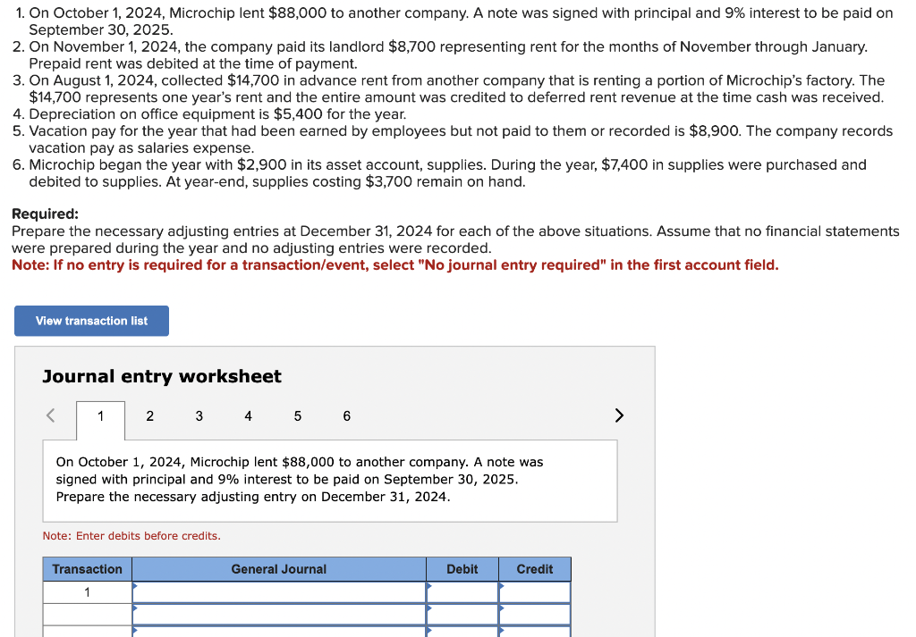 Solved 1. On October 1,2024 , Microchip lent 88,000 to