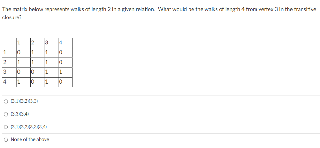 Solved The matrix below represents walks of length 2 in a | Chegg.com