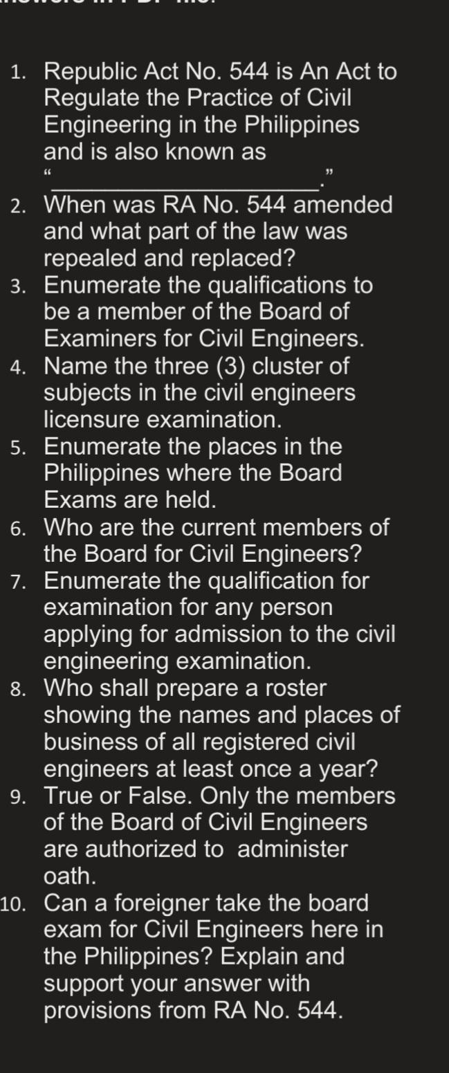 Solved 1. Republic Act No. 544 Is An Act To Regulate The | Chegg.com