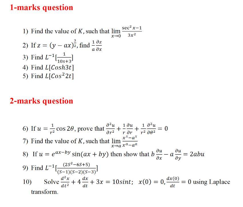 Solved 1 Marks Question 1 Find The Value Of K Such That Chegg Com